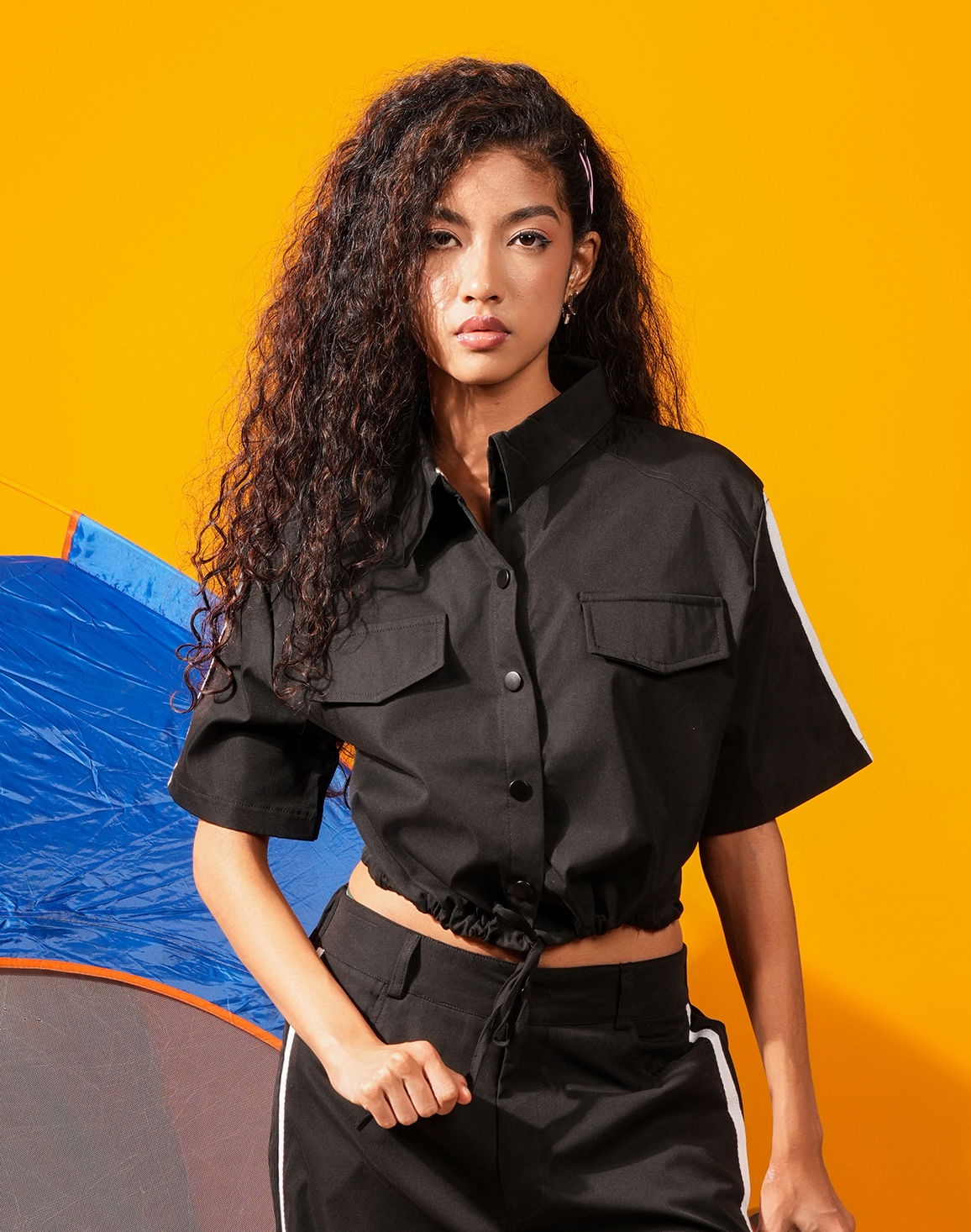 HUF & DEE RUSTIC CAMPER Women's Crop Casual Blouse Black thumbnail