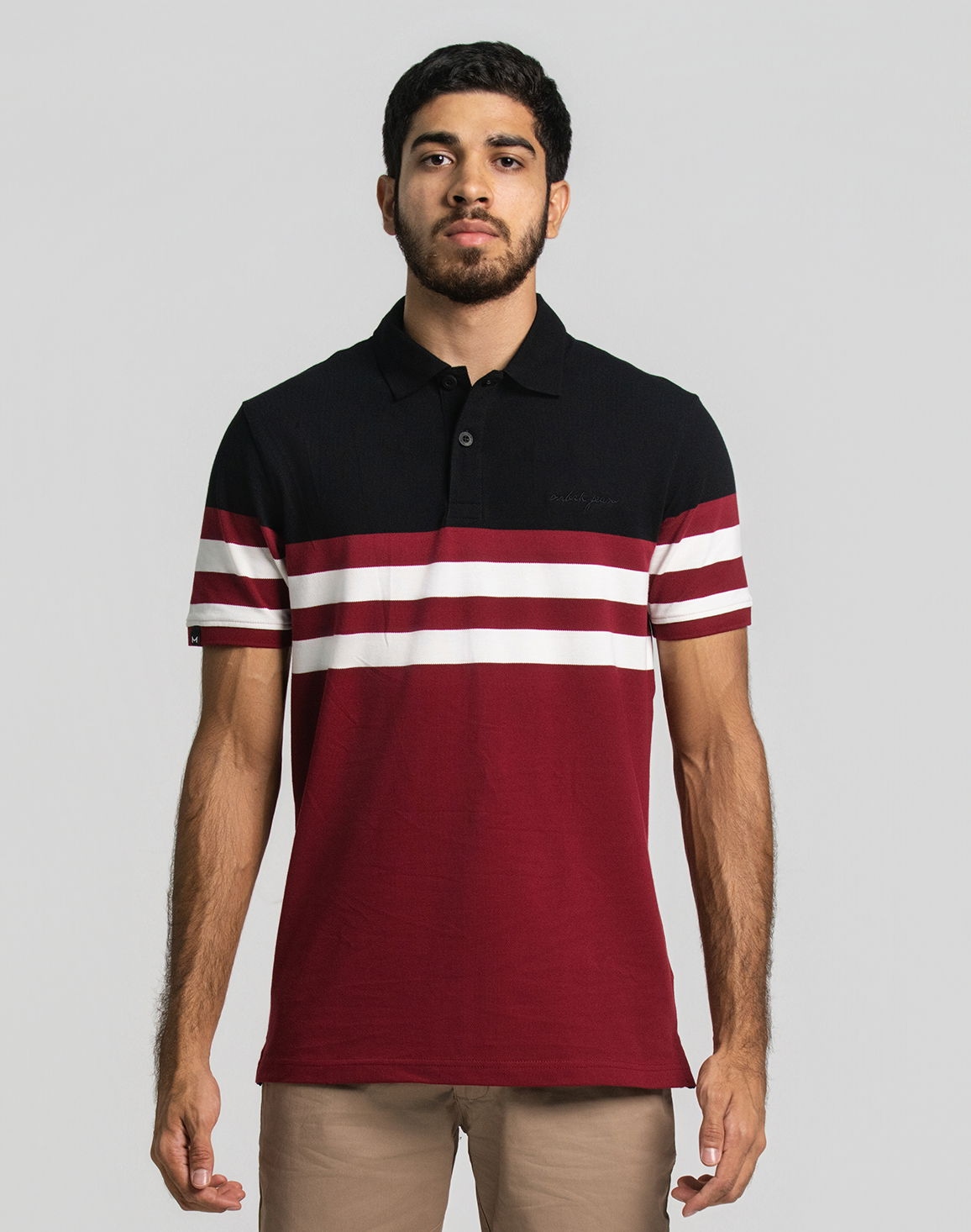 MBRK Men's Slim Fit Stripe Embroided Polo T-Shirt Maroon