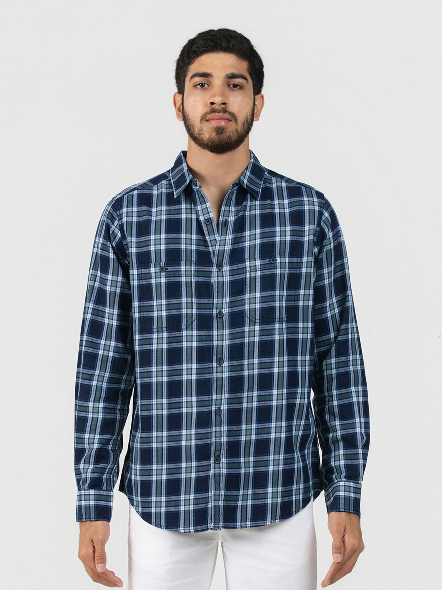 DEEDAT Men's Slim Fit Check Casual Shirt Navy Green